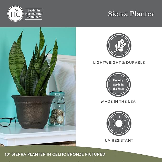 The HC Companies Sierra Round Self-Watering Pot - Lightweight Plastic Planter for Herbs & More - Durable Plant Pots for Indoor Plants & Outdoor Plants (10” Celtic Bronze, Pack of 2)