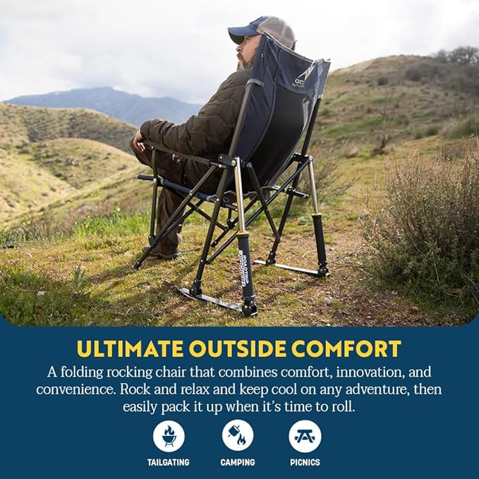 GCI OUTDOOR RoadTrip Rocker Camping Chair | Portable, Folding Rocking Chair with Solid, Durable Armrests, Drink Holder & Comfortable Extended Backrest — Indigo Blue