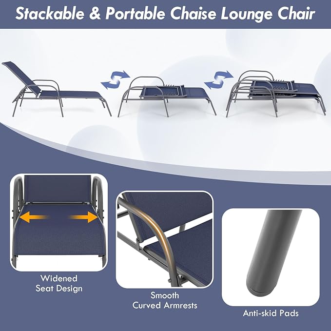 Giantex 2 Pack Patio Lounge Chair, Outdoor Chaise Lounge with 5 Adjustable Backrest, Sturdy Steel Frame, Sunbathing Recliner, Beach Chair, Tanning Chair for Outside, Yard, Balcony, Pool Chairs, Navy