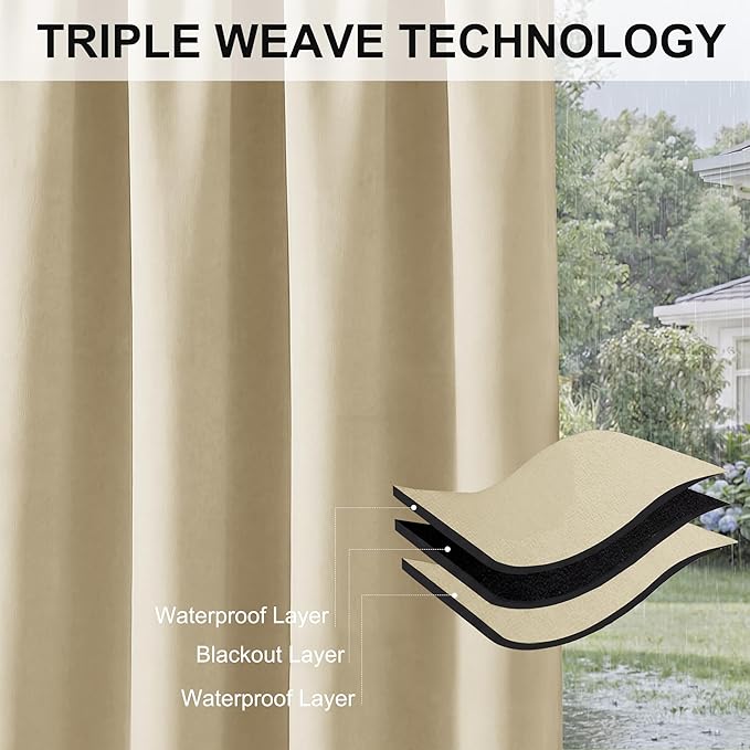 RYB HOME Extra Wide Outdoor Curtains for Patio Waterproof Heavy Duty Thermal Insulated in Summer Full Coverage Privacy for Gazebo, Cabana & Pergola, W100 x L108, Biscotti Beige, 1 Panel