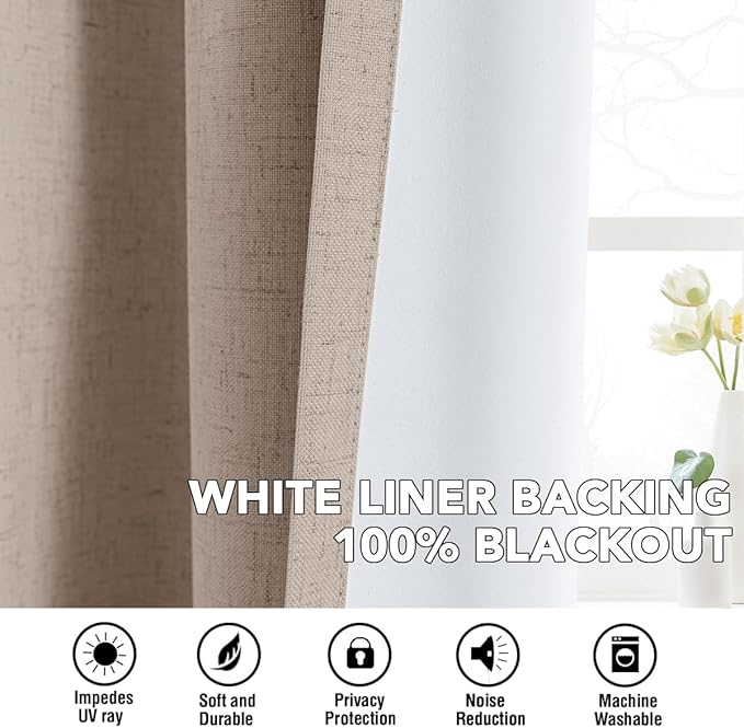 H.VERSAILTEX Linen Curtains 100% Blackout Curtains for Bedroom 108 inch Long Full Light Blocking Nature Linen Blended Window Curtains for Living Room Nickel Grommet (2 Panels, Heathered Sand)