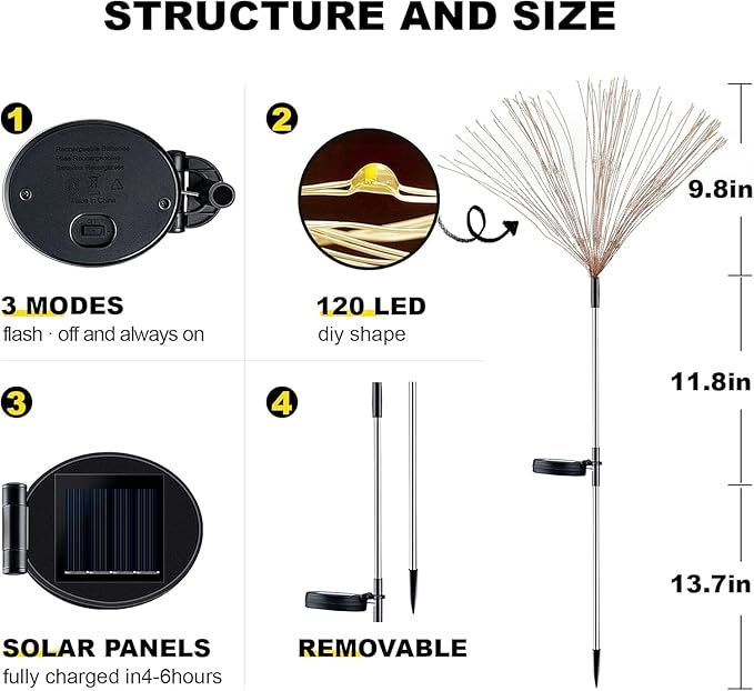 4 PCS Solar Firework Light, Outdoor Solar Garden Decorative Lights 120 LED Powered 40 Copper Wires String DIY Landscape Light for Walkway Pathway Backyard Christmas Decoration Parties (Colorful)