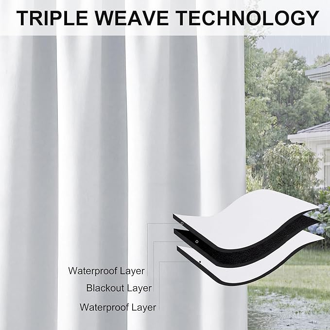 RYB HOME Extra Wide Outdoor Curtains for Patio Waterproof Heavy Duty Thermal Insulated in Summer Full Coverage Privacy for Porch, Gazebo & Pergola, W100 x L84, Greyish White, 1 Panel