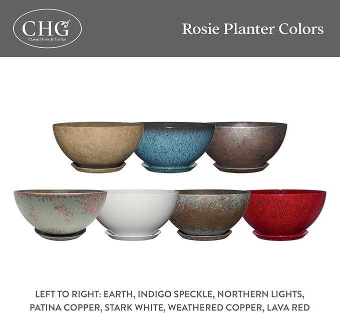 Classic Home and Garden Rosie Modern Planter w/Drainage - Contemporary Planter Bowls - Shallow Round Vases for Small Plants - Versatile Indoor & Outdoor Pots (10” Stark White)