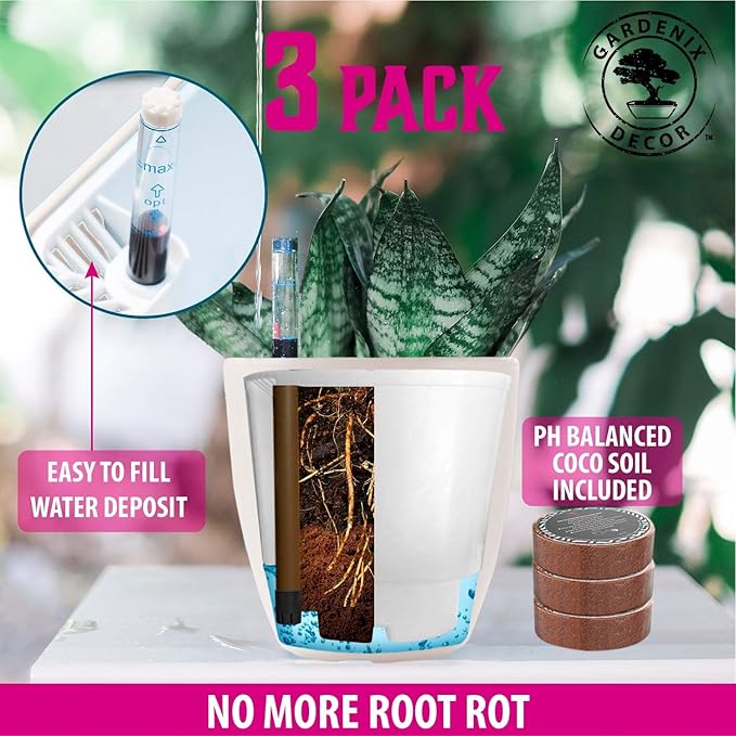GARDENIX DECOR Self Watering Pots for Indoor Plants 3 Pack - Flower Pot with Water Level Indicator for Plants, Grow Tracking Tool - Self Watering Planter Plant Pot - Coco Coir - White