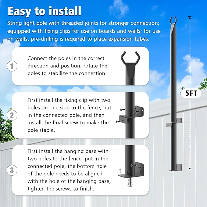 2 Pack String Light Poles,5Ft Light Poles for Outside String Lights,Outdoor Lights Pole with Fork,Metal Poles Stand for Patio Deck Backyard