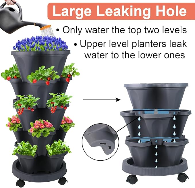 GameXcel Vertical Planter 5 Tier Stackable Planters Garden Planters Strawberry Herb Flower and Vegetable Planter Indoor Outdoor Gardening Pots with Removable Wheels and Tools - Dark Gray