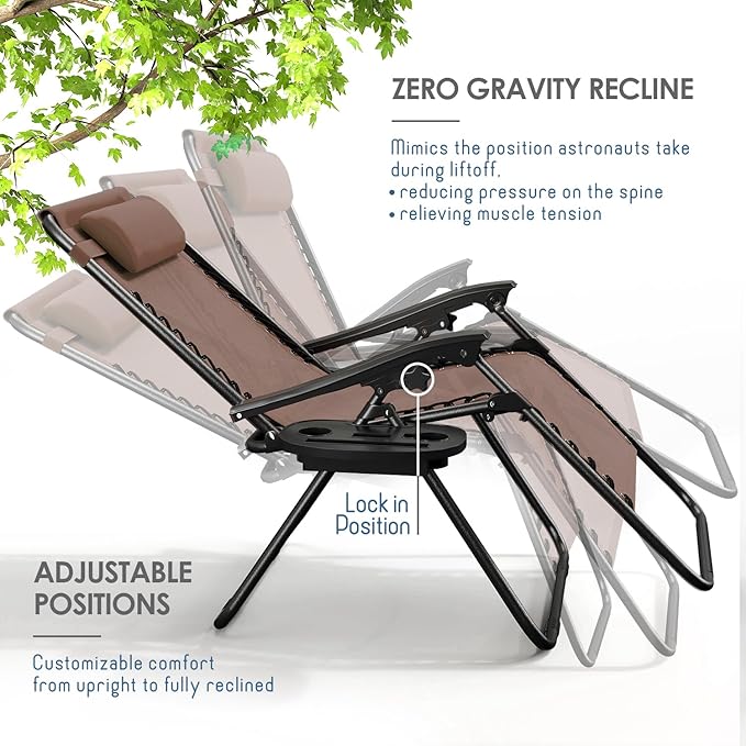 Nestl Zero Gravity Chairs Set of 2, Patio Lounge Chair Outdoor with Pillows & Cup Holder Trays, Adjustable Steel Mesh Reclining Camping Chair, Folding Patio Lawn Chair for Deck, Beach, Yard - Brown