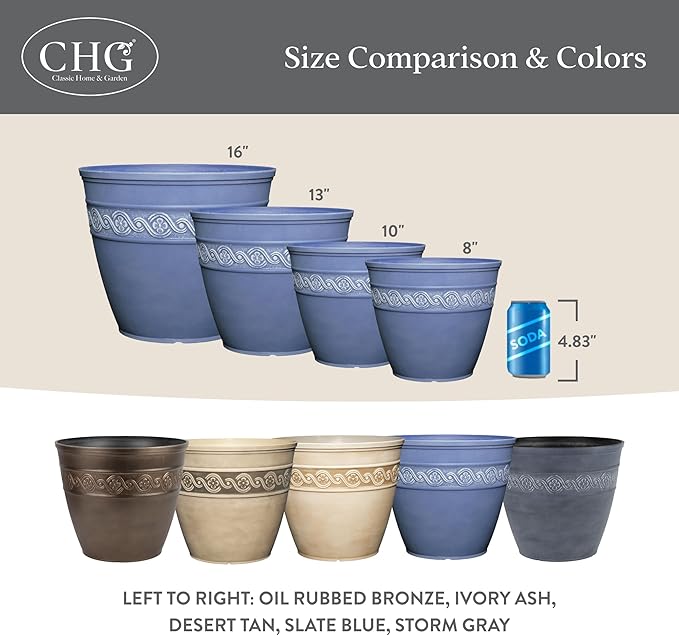 Classic Home and Garden Corinthian Round Resin Flower Planter Pot, Slate Blue 8" (Pack of 3)