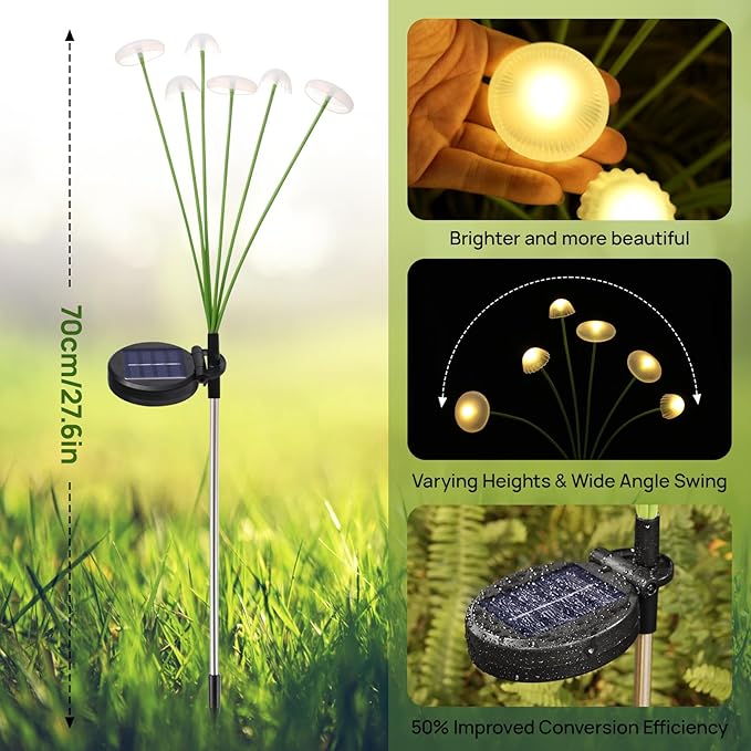 Solar Garden Lights, 6-Pack Dual Mode LED Solar Mushroom Lights, Waterproof Firefly Outdoor Decor for Yard, Patio, and Pathway – Warm White Jellyfish Ambiance