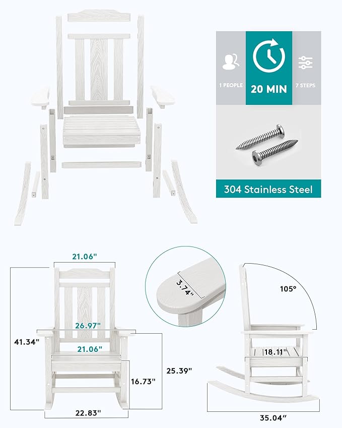 SERWALL Outdoor Rocking Chair White Set of 8, All Weather Patio Rocking Chair, HDPE Poly Rocking Chair for Adults, Heavy Duty Front Porch Rocker