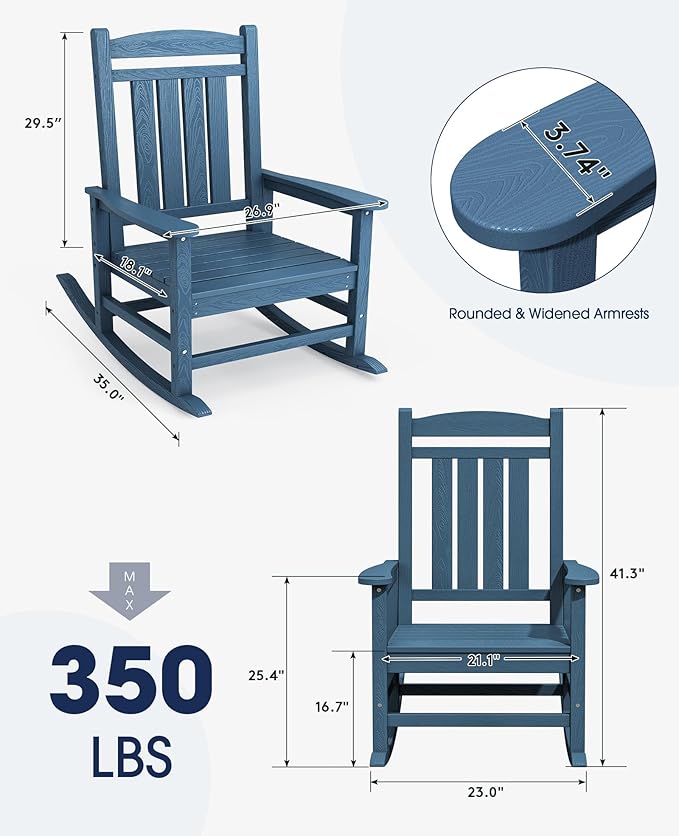 KINGYES Oversized Patio Rocking Chair Set of 2, High Density Polyethylene Outdoor Rocking Chairs with 330lbs Support for Adults, Navy