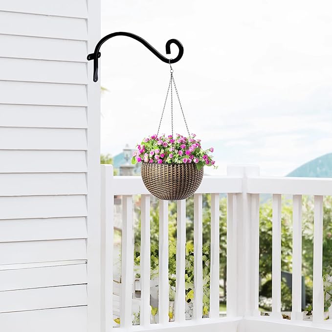 Hourleey 4 Pack Plant Hanger Outdoor, 8 Inch Heavy-Duty Hanging Plant Hook for Outside Basket, Black Metal Wall Mount Plant Bracket Hook for Flower Baskets Bird Feeder