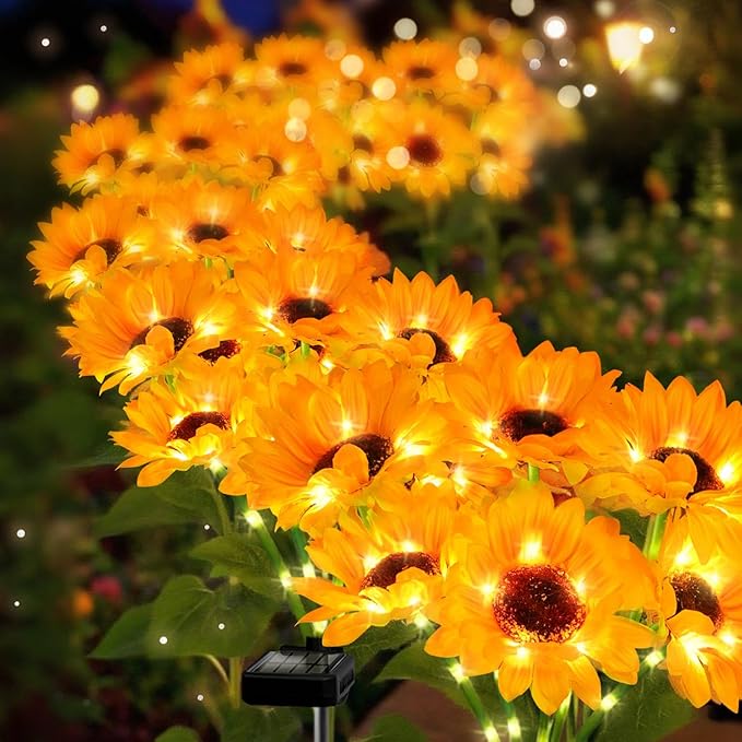 4 Pack with 24 Solar Sunflower Lights Outdoor Decorative Lights for Garden, Birthday Gift for Mom and Friends, IP65 Waterproof Sunflower Garden Stake Lights for Yard Patio Lawn Pathway