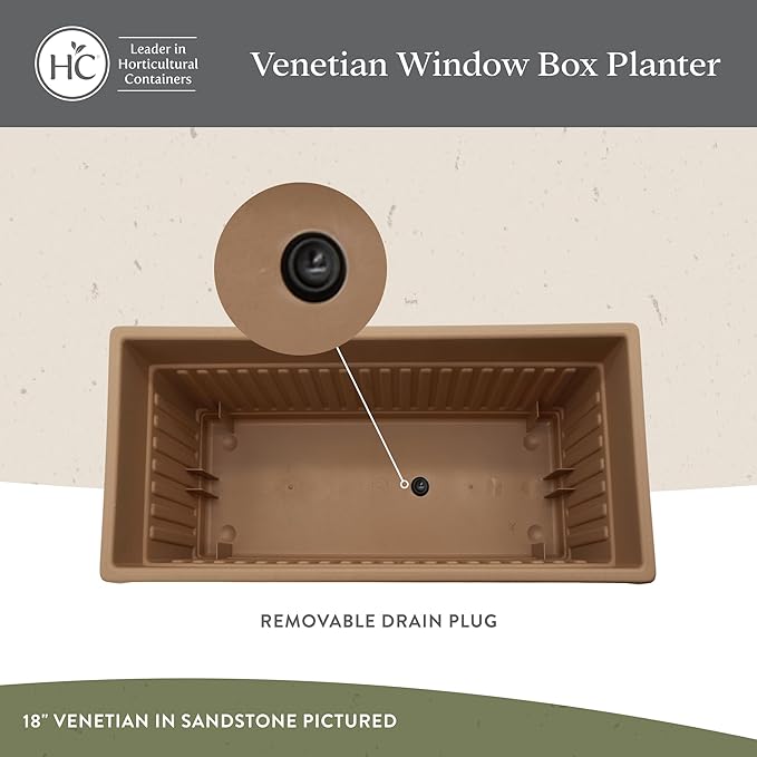 The HC Companies 18 Inch Venetian Window Planter Box with Drainage Plug, Lightweight UV-Resistant Plastic Indoor & Outdoor Planters, 2-Pack Flower Box for Garden & Home Decor, Sandstone