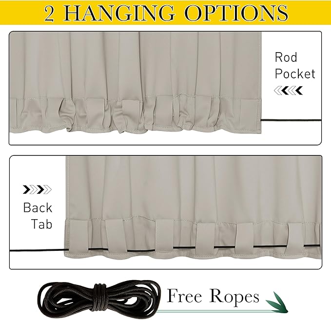 NICETOWN 2 Panels Gazebo Curtains Outdoor Waterproof & Windproof, Top & Bottom Grommet with Back Tab Wind-Break Outdoor Drapes Blackout Blinds with Fixed Rope for Patio, Natural, W52 x L95