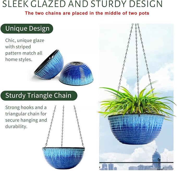 10inch Hanging Planters for Indoor and Outdoor Plants, 2 Pack Hanging Planter with Drainage Hole, Round Hanging Flower Pots for Garden Home Decor (Blue Glaze)