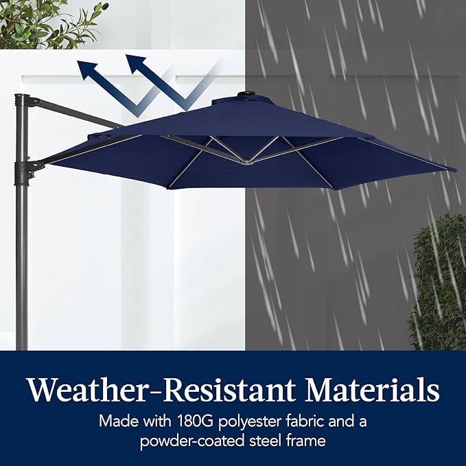 Best Choice Products 10ft Solar LED Offset Cantilever Hanging Market Patio Umbrella, Smooth 360° Rotation, 8 Sturdy Ribs, Easy Adjustment - Navy Blue