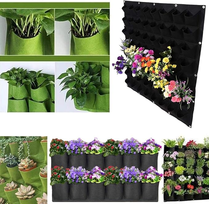 Hanging Planting Grow Bags, 64 Pockets Hanging Vertical Wall Planter Wall Mounted Grow Bag Outdoor Indoor Gardening Vertical Greening Flower Container, Planting Bags Storage Bags(1.0 m × 1.0 m, Black)
