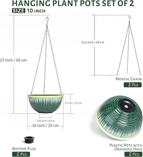 10inch Hanging Planter, 2 Pack Hanging Planters for Indoor and Outdoor Plants, Glazed Hanging Plant Holder with Drainage, Indoor Hanging Flower Pots for Garden Home (Green Glaze)