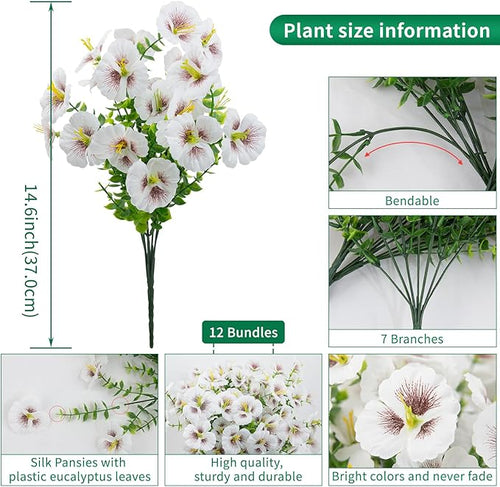 12 Bundles Artificial Pansy Flowers for Outdoor, Faux Silk Pansies Spring Flowers Outside for Planter Front Door Porch Patio Yard Window Box Home Decor (White)
