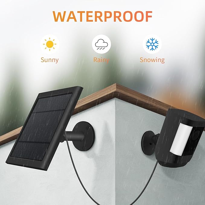 USB-C to Ring Barrel Plug 8Pack 4W Solar Charger for Ringing Spotlight & Stick Up Outdoor Cam, Black, High Efficiency, 10FT/3M Long Cable with IP65 dustproof and Waterproof