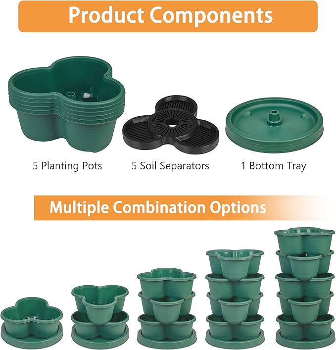 VECELO 5 Tier Vertical Garden Planter, Self Watering Stackable Planters with Wheels for Strawberries, Herbs, Flowers, Vegetables, Dark Green
