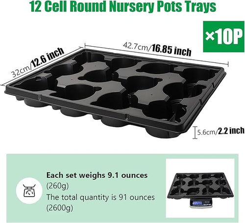 12 Cell Round Nursery Pots Trays Thickened Durable Seedling Pots Shuttle Carrying Trays for Holding 4 inch Nursery Pots (16.85" × 12.6", 10-Pack)