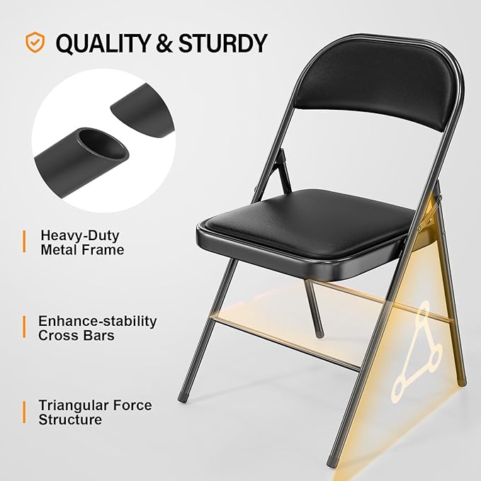 VINGLI 8 Pack Folding Chairs with Padded Seats, Metal Frame with Pu Leather Seat & Back, Capacity 350 lbs, Black