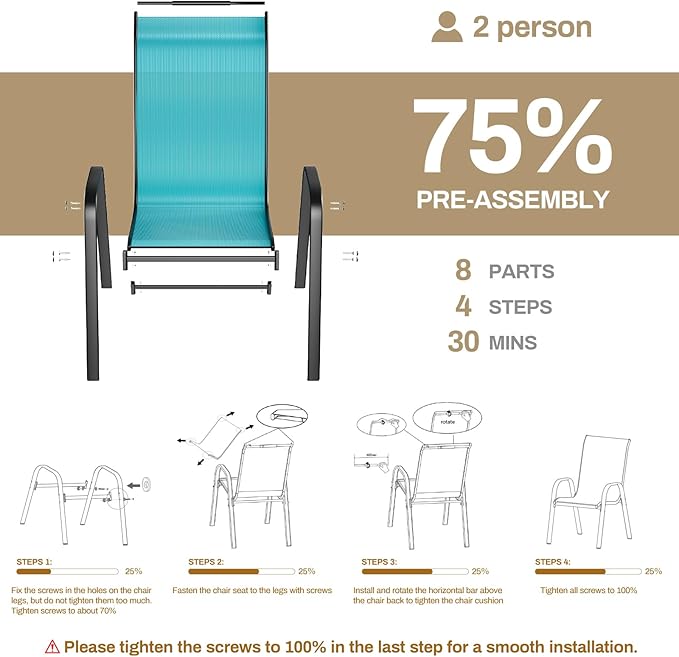 TLSUNNY Patio Chairs, Stackable Textilene Outdoor Dining Furniture for All Weather, with 17.7″ Wide Seat & Metal Frame, for Garden, Backyard, Deck, Restaurant, Poolside (4, Turquoise Blue, 26.4″)