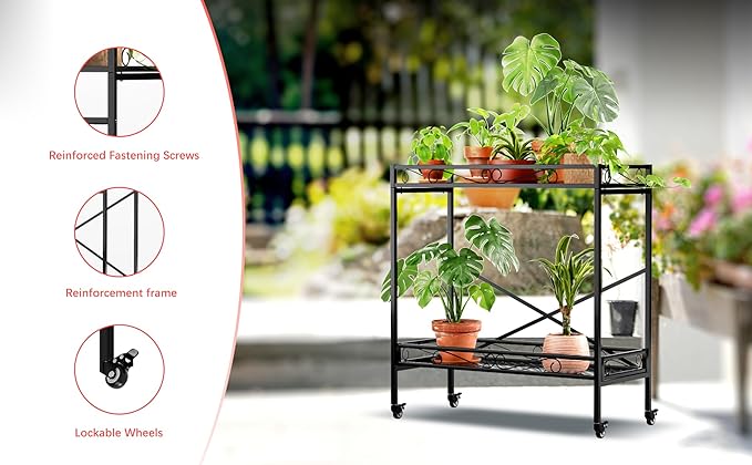 Zhongma 2 Tier Sturdy Metal Plant Stand with Wheels, 36.6x16x39.4 Inch High, Heavy Duty Succulent Shelf for Home Indoor and Outdoor, 440 LBS Capacity & Heavy Duty Construction