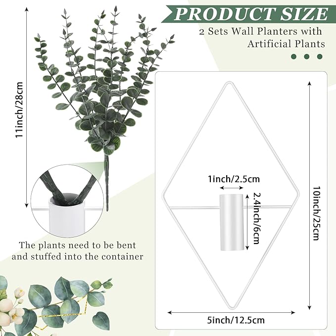 Jexine 8 Pcs Hanging Planters with Artificial Eucalyptus Metal Hanging Vase Indoor Plants Holder Modern Geometric Boho Bathroom Wall Decor for Living Room Home Office (Eucalyptus,White)