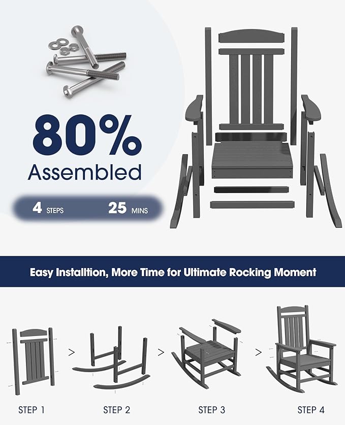 KINGYES Oversized Outdoor Rocking Chair Set of 4, High Density Polyethylene Patio Rocking Chairs with 330lbs Support for Adults, Gray