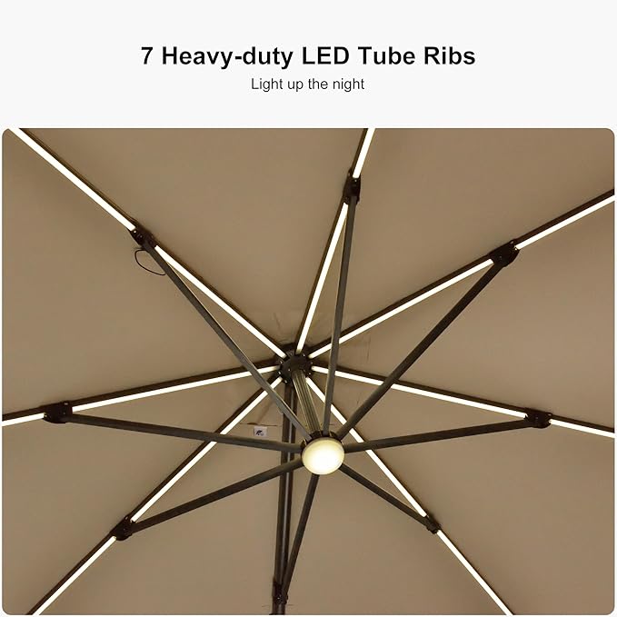 PURPLE LEAF 10 Feet Patio Umbrella with Base Outdoor Cantilever Solar Powered LED Square Umbrella Aluminum Offset Umbrella with 360-degree Rotation for Garden Deck Pool Patio, Beige
