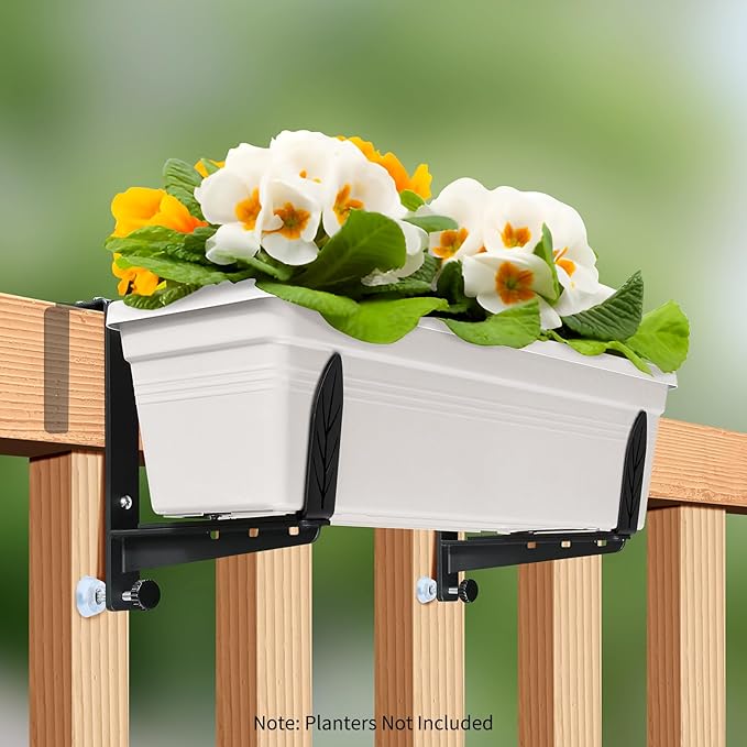 Window Box Brackets, Adjustable Planter Box Brackets, Heavy Duty Iron Flower Box Bracket for Deck Railing with Upgraded Bottom Support - Ideal for Balconies, Fences, and Gardens (6 Pack)