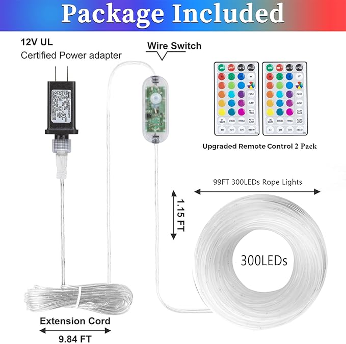 ANJAYLIA 99FT 300 LED Color Changing Rope Lights, 18 Colors Outdoor String Lights with Plug & Remote, Led Rope Lights Outdoor Waterproof, Christmas Lights for Bedroom Deck Halloween Decorations