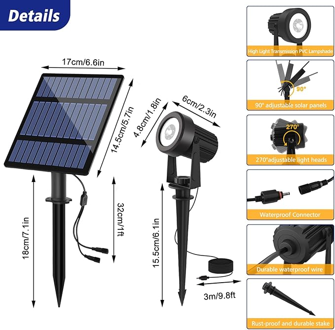 T-SUNUS RGB Solar Spot Lights Christmas Outdoor 6-in-1, Color Changing Landscape Spotlights Pond Lighting Waterproof IP65 9.8ft Cable for Tree Patio Pathway Yard Garden Wall Flag Halloween Holiday