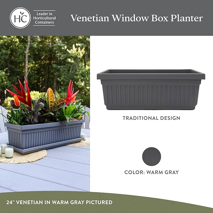 The HC Companies 24 Inch Venetian Window Planter Box with Drainage Plug, Lightweight UV-Resistant Plastic Indoor & Outdoor Planters, 2-Pack Flower Box for Garden & Home Decor, Warm Gray