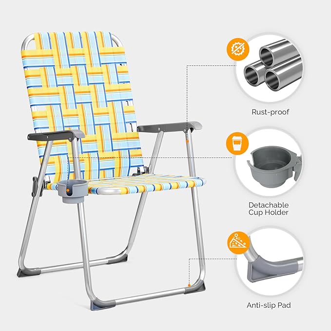 VINGLI Aluminum Patio Lawn Chairs Folding Set of 2 with Detachable Cup Holder, Webbed Beach Chair Folding Chair Outdoor Portable Camping Chair for Yard, Garden