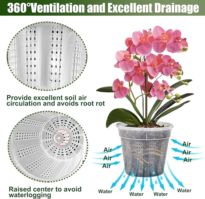 Orchid Pot with Saucers, 6 Packs of 6.1" Orchid Pots with Holes, Orchid Pots for Repotting, Plastic Orchid Planter for Indoor Outdoor Plants (6 Packs, 6.1" with Saucers)