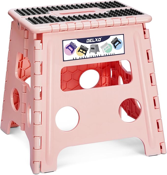 Delxo Folding Step Stool 13 Inch,Non-Slip Foldable Stools for Kids & Adults Up to 300 LBS,Kitchen Collapsible Fold Up Stepping Stool with Dotted 1 Pack,Pink