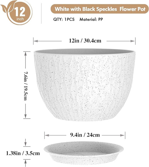 12 Inch Wide Water Ripples Flower Pots for Indoor or Outdoor Plants, Large Plant Pots with Drainage Holes & Saucer, Plastic Planters Set for Garden & Home Decor (White with Black Speckles)