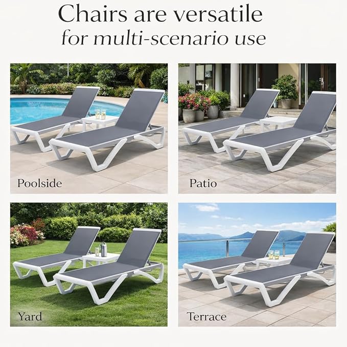 Kozyard Outdoor Chaise Lounge Chair, Full Flat Adjustable Patio Lounger with Aluminum Frame & Resin Legs, Textilene Fabric for Poolside, Backyard & Beach (Gray, Chair with Table)
