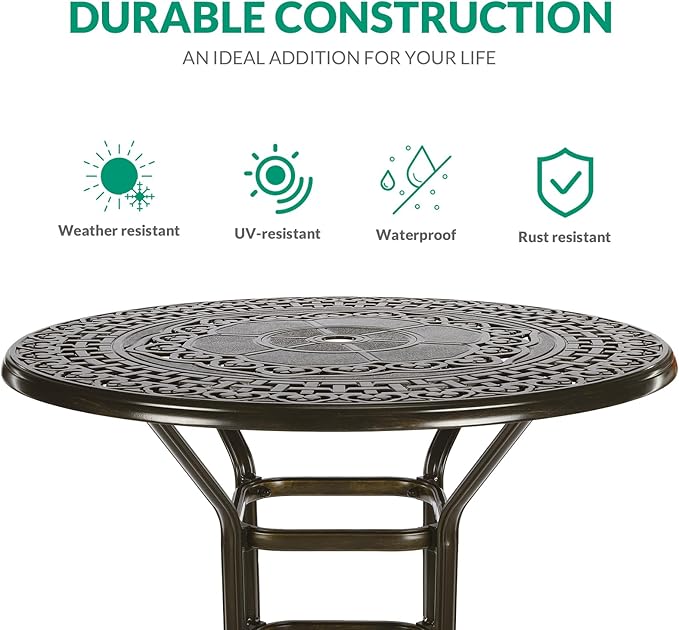 VIVIJASON 3-Piece Outdoor Swivel Bar Stools Set, All Weather Cast Aluminum Patio Bar Height Bistro Set with 2 Cushioned Bar Chairs & 38.5" High Bar Table w/Umbrella Hole for Backyard, Lawn, Garden