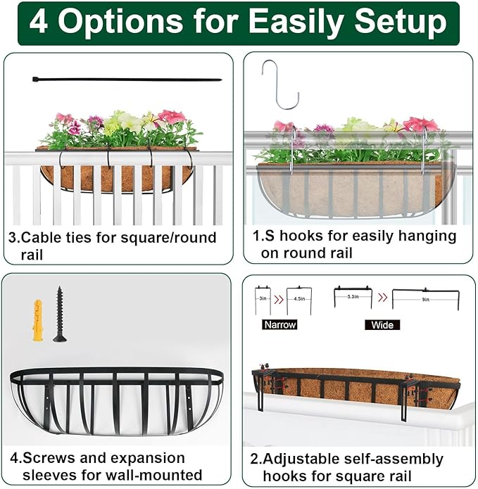 2 Pack 30" Railing Planter Window Box with Coco Fiber Liner Horse Trough Planter The Railing Planter Boxes for Deck Porch Fence Outdoor