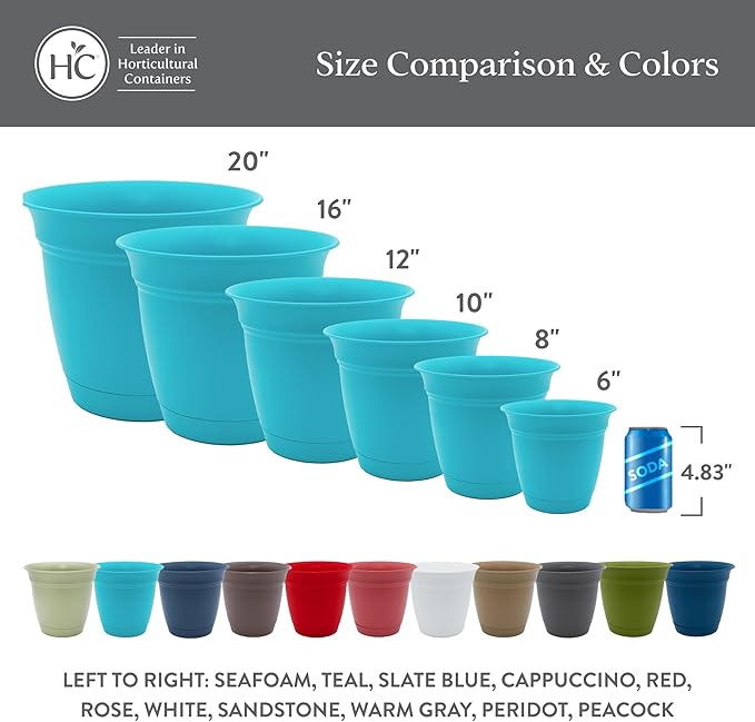 The HC Companies 16 Inch Eclipse Round Planter Pots with Drainage Holes & Attached Saucer, Lightweight UV-Resistant Plastic Indoor Outdoor Planters, 2-Pack Flower Pots for Garden & Home Decor, Peridot