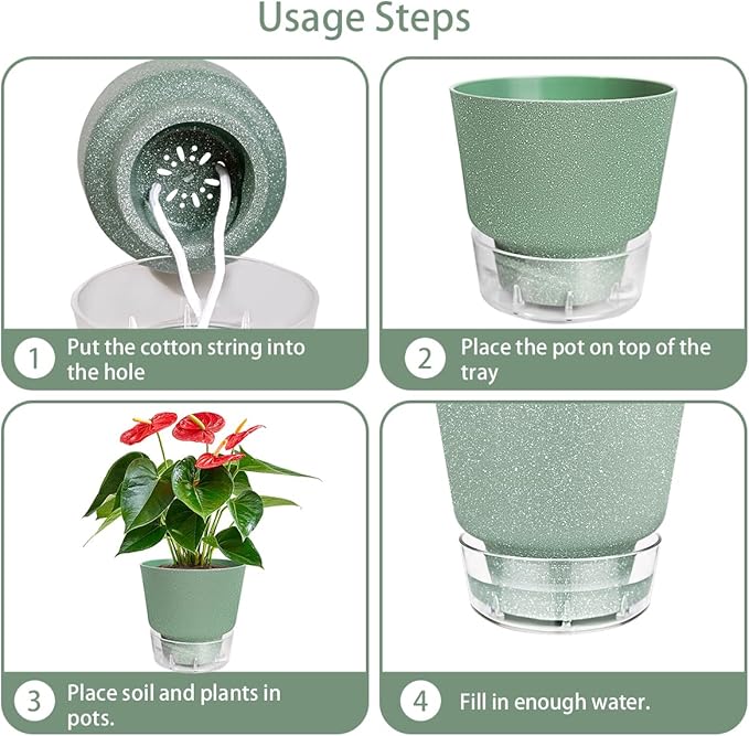 2024 Upgraded 5 Pack 6-Inch Self-Watering Planter Pots with Deep Reservoir for Indoor and Outdoor Plants with Planting Tools (Frosted Black)