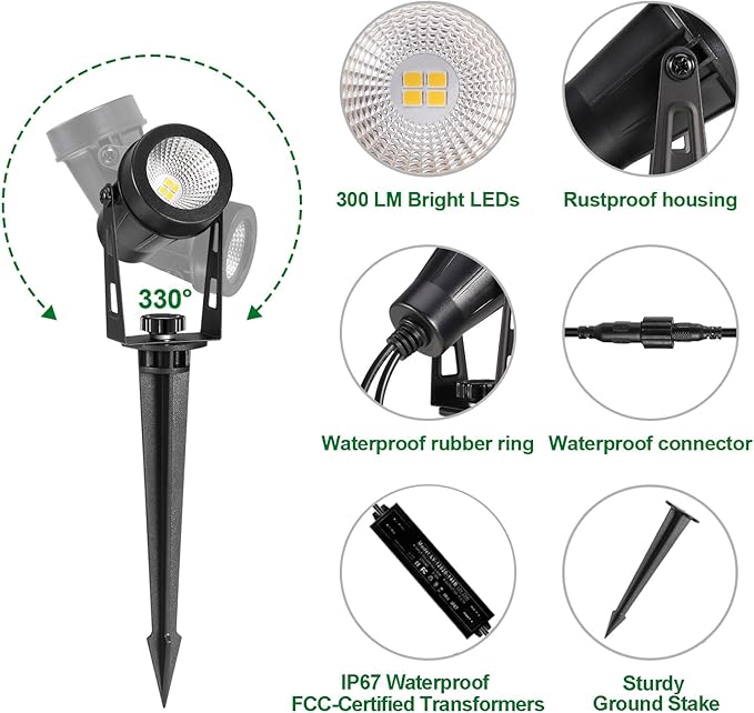 Outdoor Landscape Lighting, 4 Pack LED Outdoor Spot Lights with Transformers, 12V Warm White Low Voltage Landscape Lights IP65 Waterproof Plug in Spotlight for Yard House Pathway Tree Pools