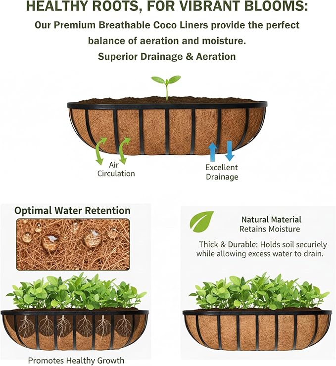 30“ Window Box Railing Planter with Coco Liner Metal Wall-Mounted Coconut Liner Planter Basket English Horse Trough Planters for Outdoor Deck Balcony Porch Fence Patio Black (2 Pack)