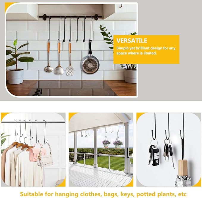 6 Pack 14 Inch Black Extra Matel Heavy Duty Hook for Hanging Plants,Large S Hooks for Hang Brsket,Bird House,Clothes,Kitchenware,Garden,Patio